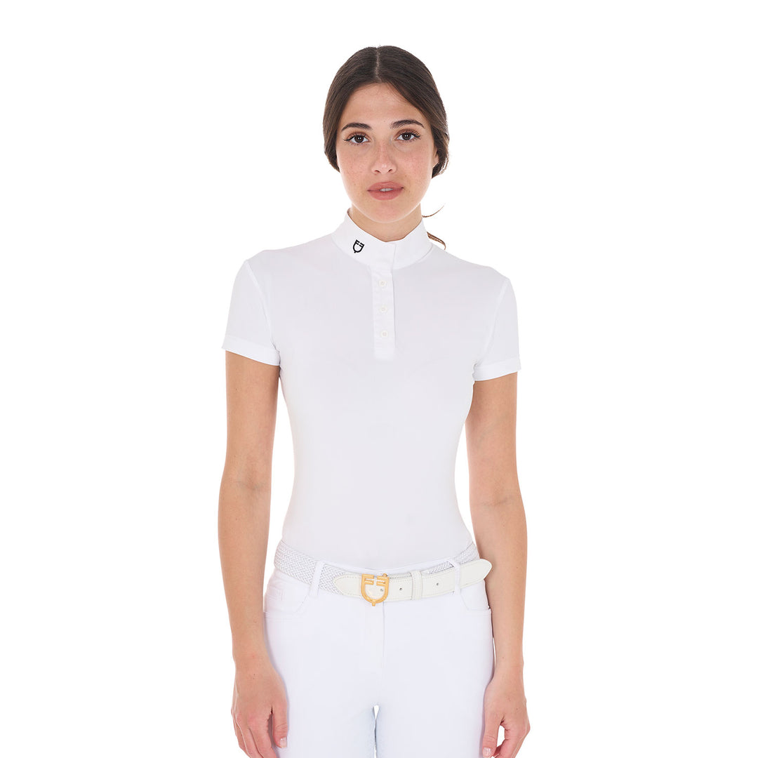 Equestro Women's Slim Fit Mandarin Collar Competition Polo Shirt - White