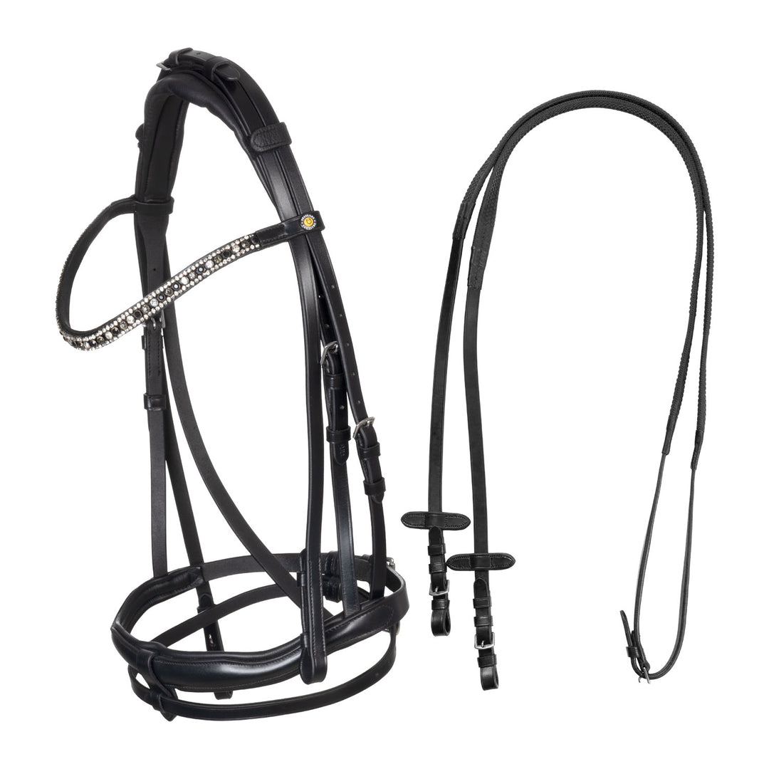 Equestro English Leather Bridle with Rhinestone Browband - Black