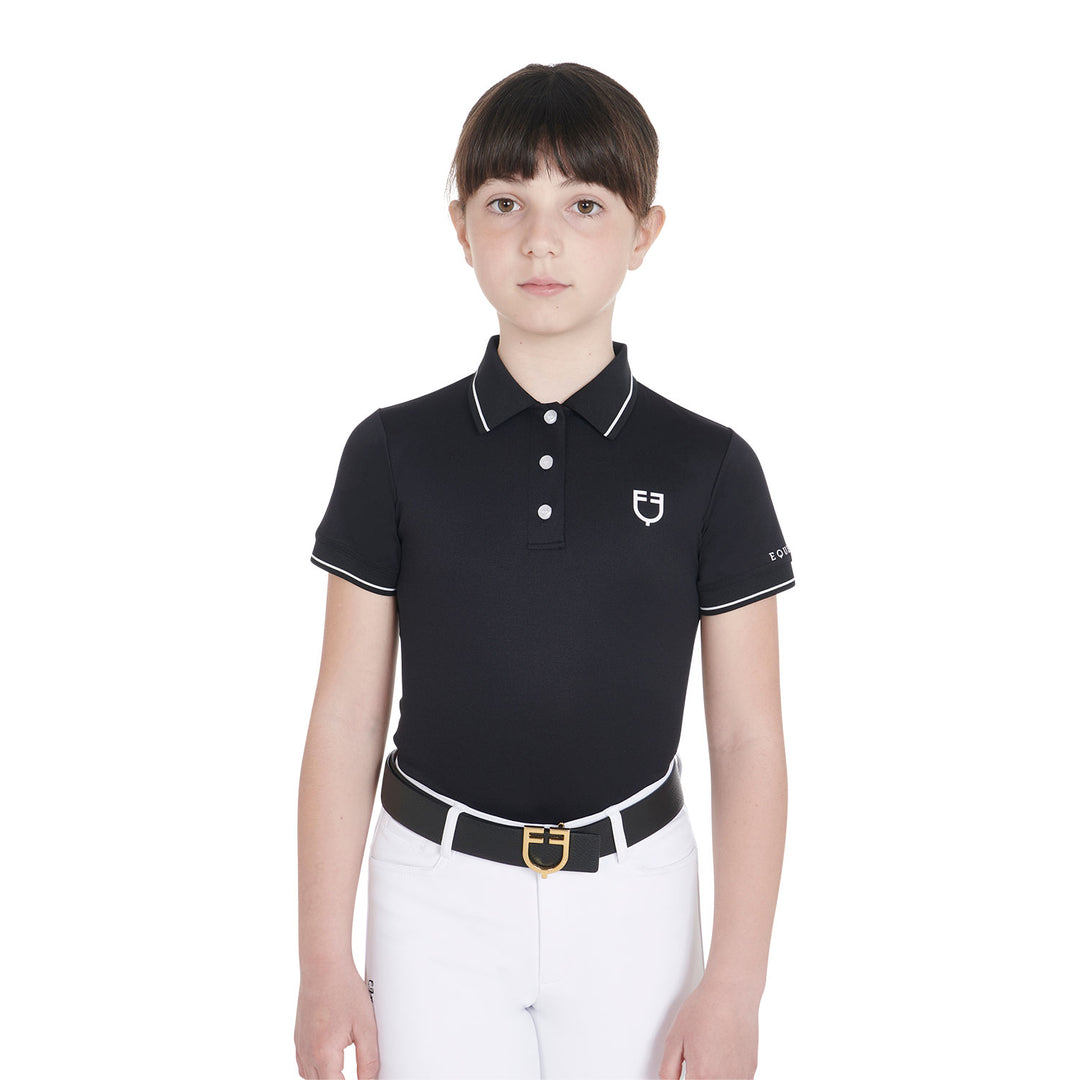 Equestro Kids' Slim Fit Polo Shirt in Antibacterial Technical Fabric - White/Oxford Tan