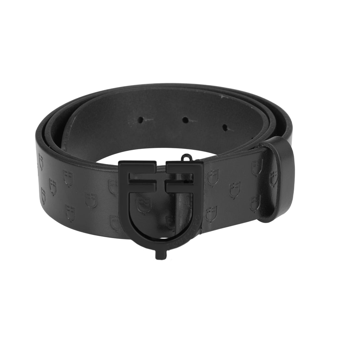 Equestro Total Black Leather Belt with Logo Buckle - Black