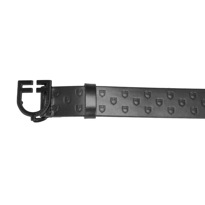 Equestro Total Black Leather Belt with Logo Buckle - Black