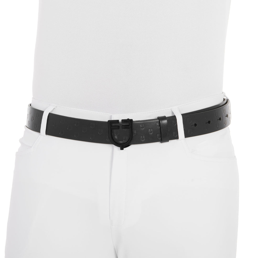 Equestro Total Black Leather Belt with Logo Buckle - Black