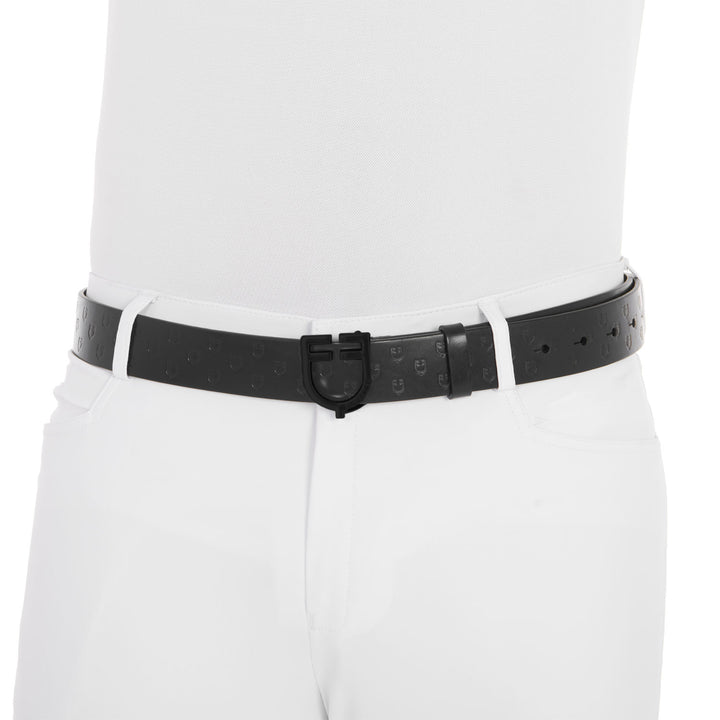 Equestro Total Black Leather Belt with Logo Buckle - Black
