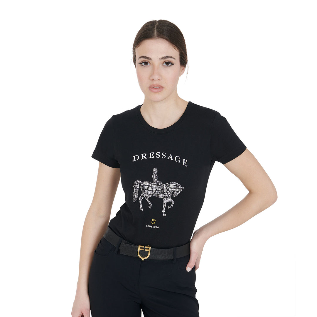 Equestro Women's Slim Fit T-Shirt Dressage with Rhinestone - White