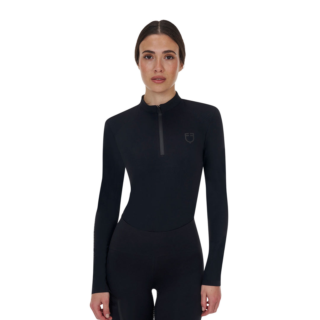 Equestro Ridertechnology Women's Training Polo Shirt Long Sleeves and Zip - Black