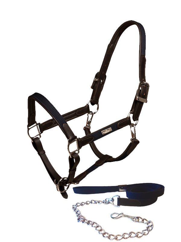 Equestrian Stockholm Leather Halter & Lead Chain Navy Silver - Halter - Kingdom Equestrian